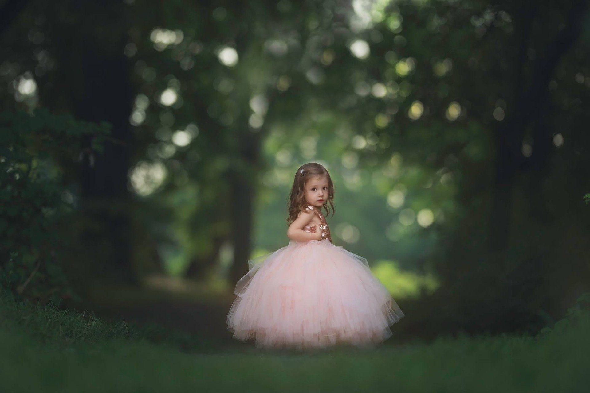 una bambina vestita da principessa in un bosco