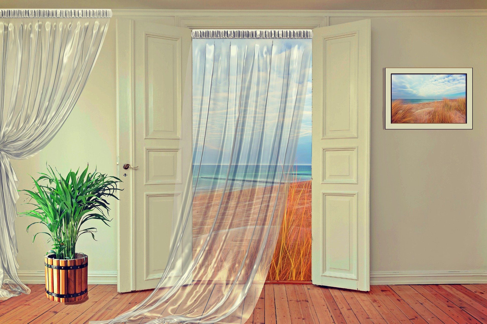 porta finestra con tenda aperta su un campo di grano e mare all'orizzonte