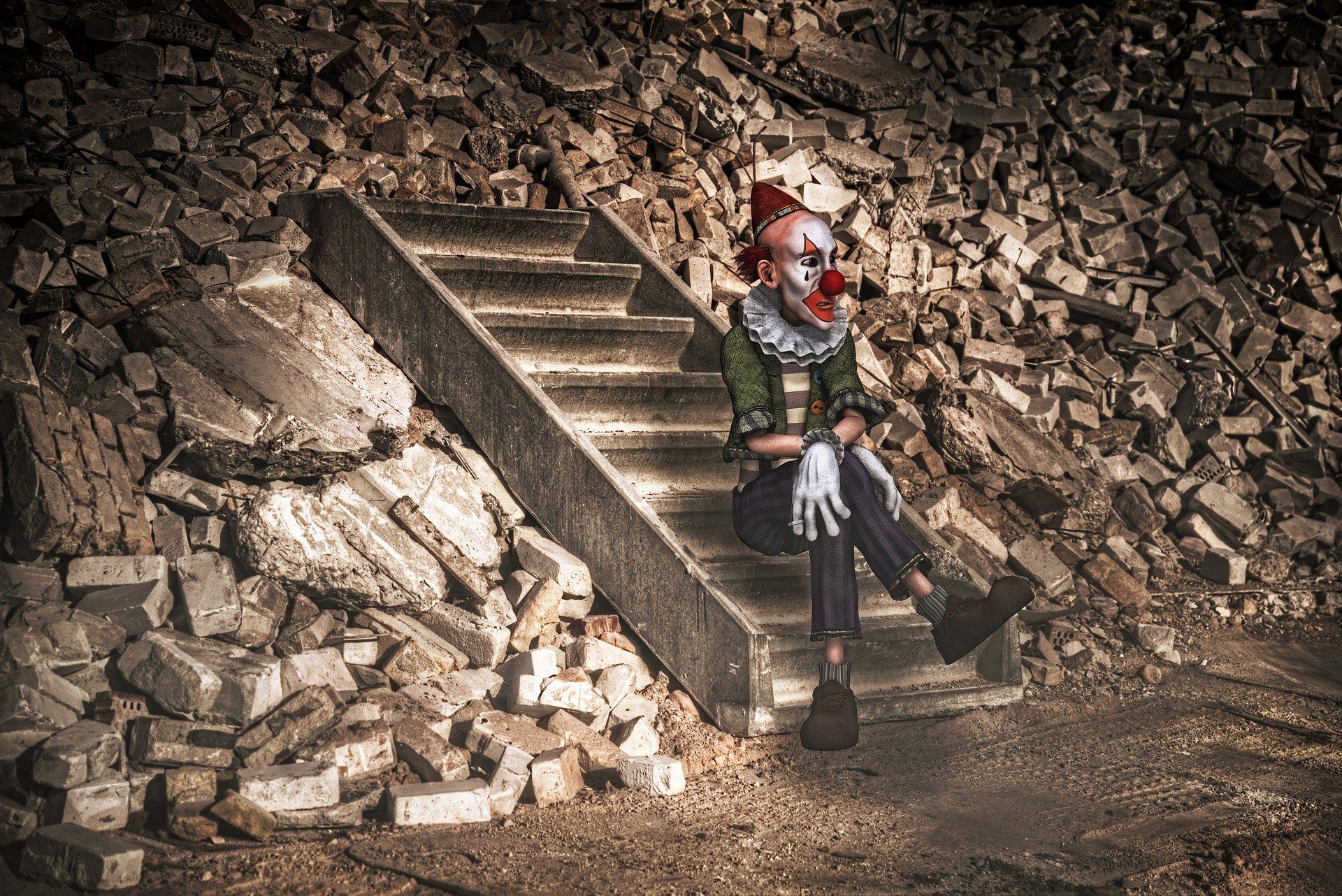 clown seduto su scale tra le macerie