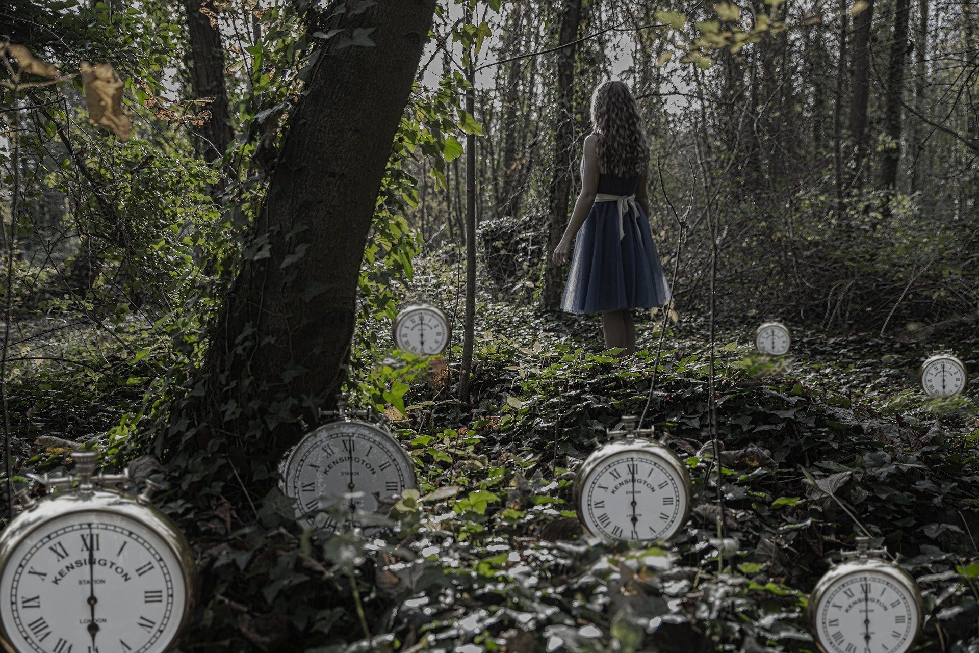 una ragazza di spalle nel bosco tra tanti orologi