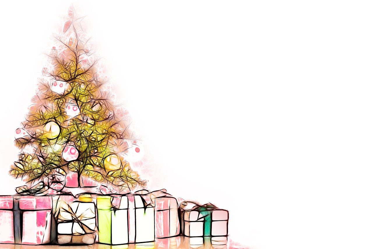 Illustrazione dai toni delicati di un albero di Natale con tanti pacchi regalo