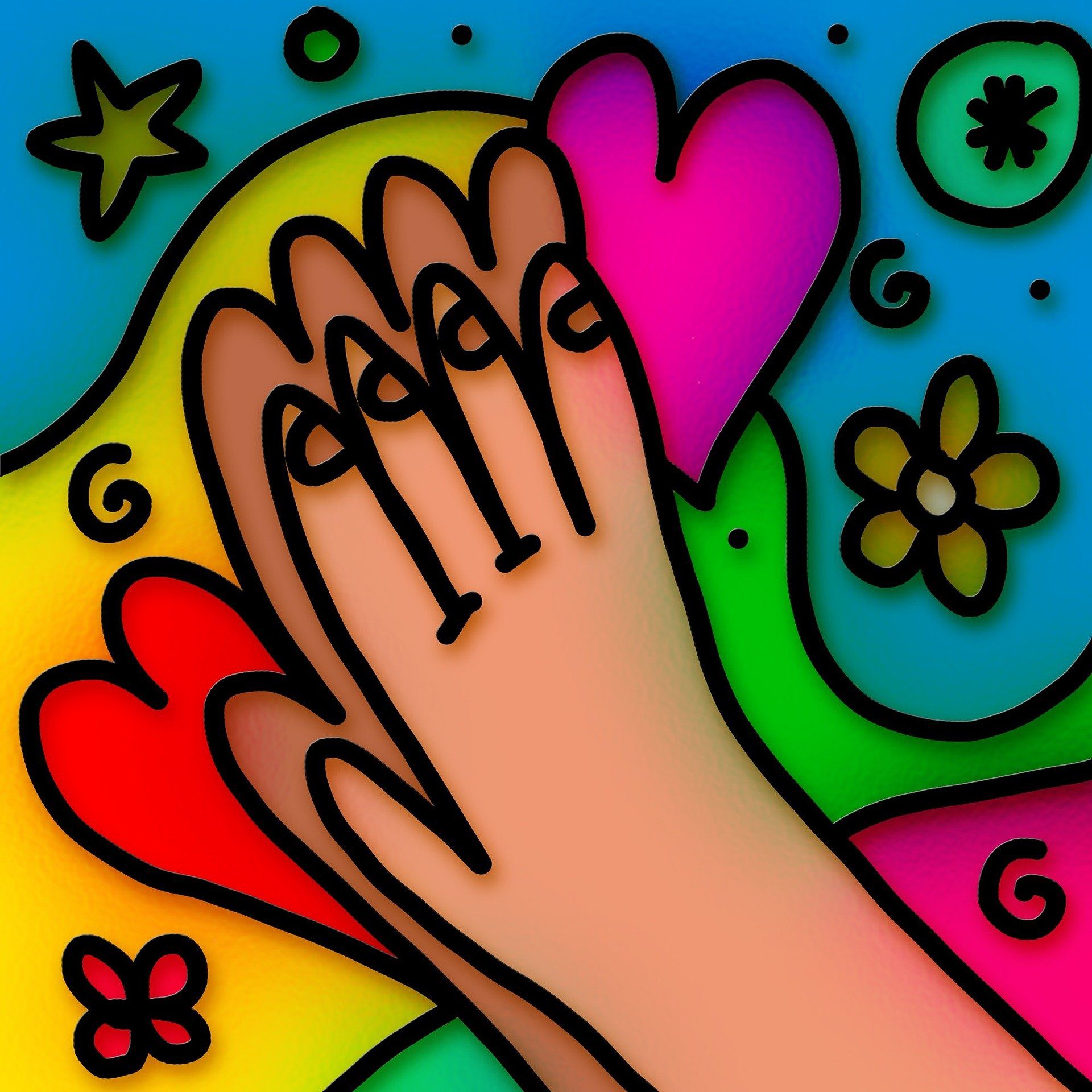 disegno stilizzato dai forti colori due  mani che battono il cinque circondate da cuori stelle e fiori 