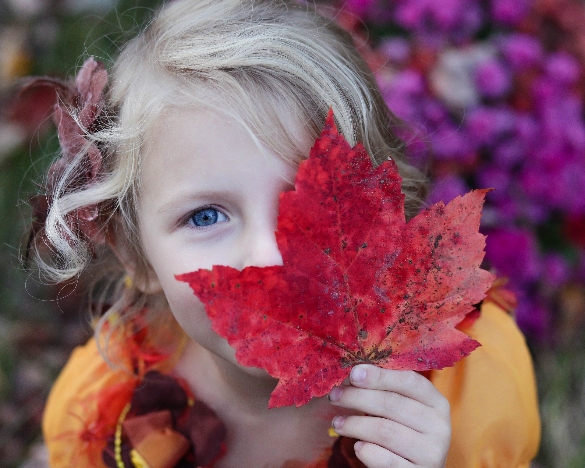 una bambina che si copre il viso con una foglia rossa lasciando scoperti i capelli lunghi e biondi e un occhio blu